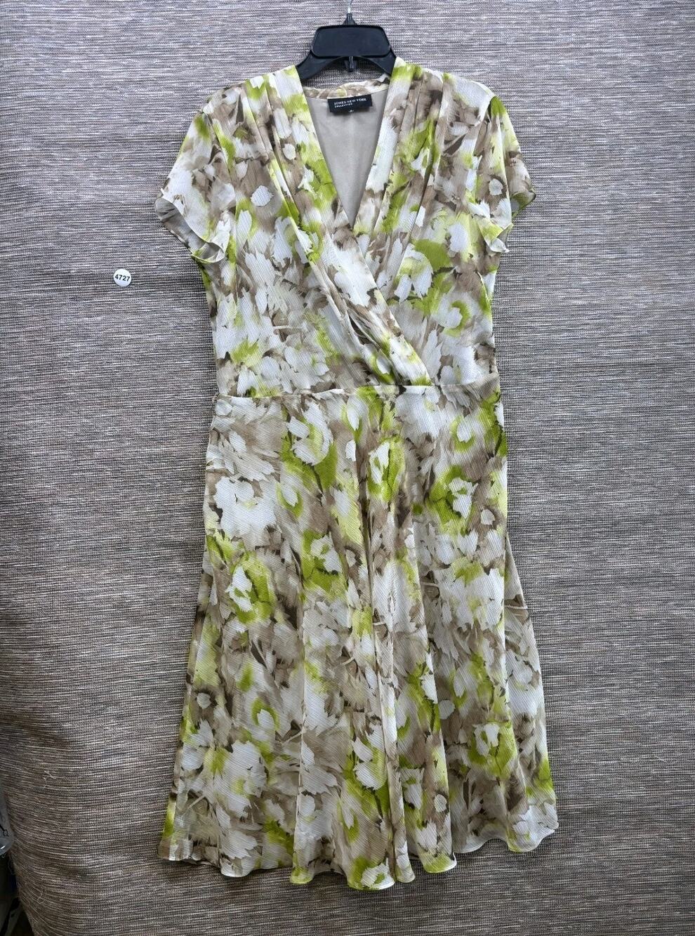 Jones New York Floral Faux Wrap Fairy Dress Womens Sz 14 Green Brown Cap Sleeve
